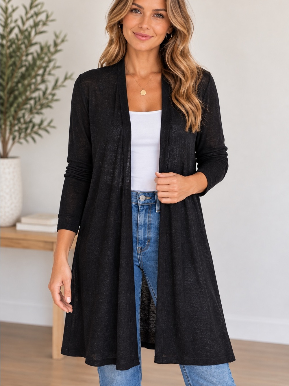 Eileen Fisher Medium Black Linen Blend Long Open Front Cardigan Duster Lagenlook